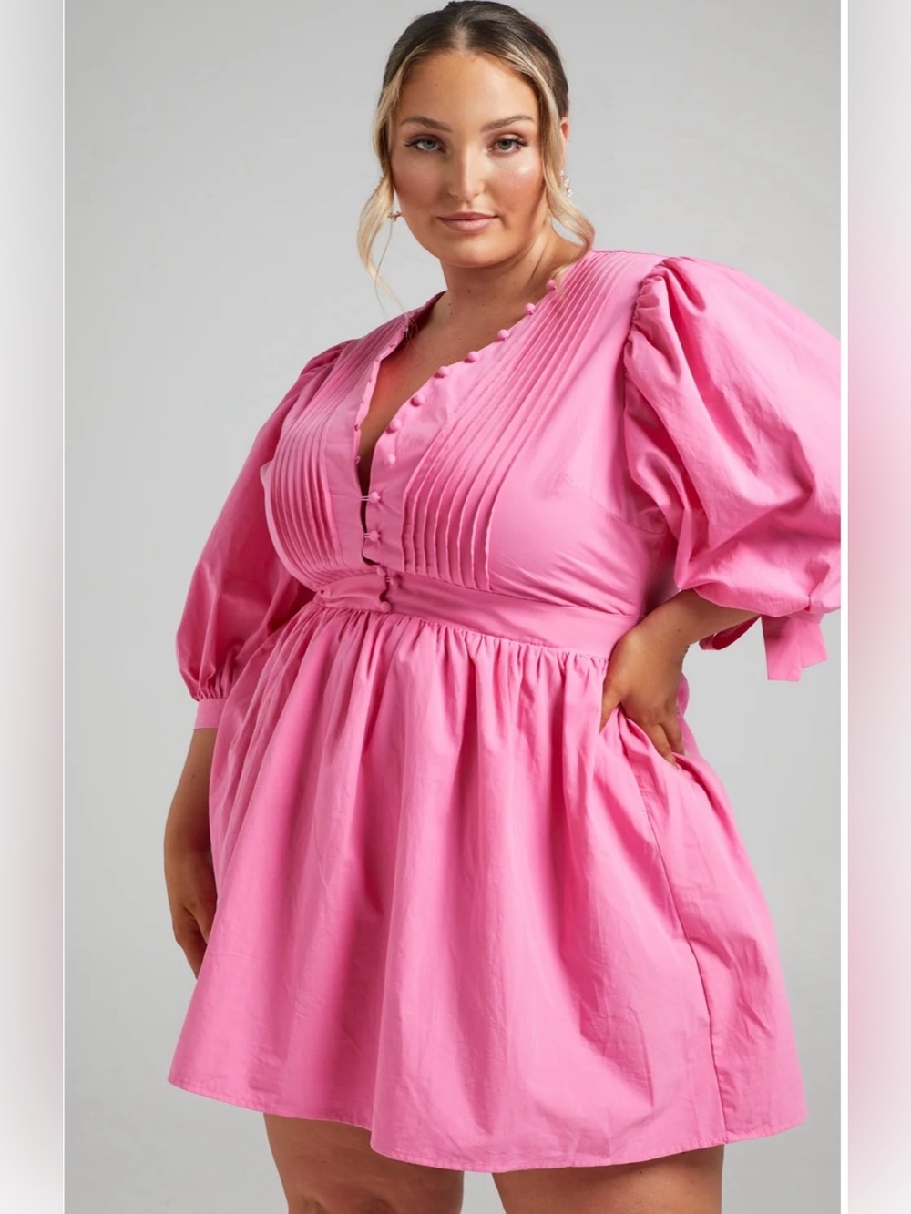 Showpo Pink Puff-Sleeve V-Neck Mini Dress